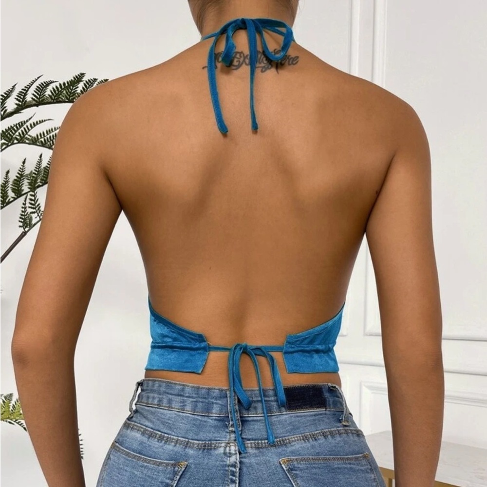 Ruffle Satin Open Back Toe Halter Top - Picture 10 of 14